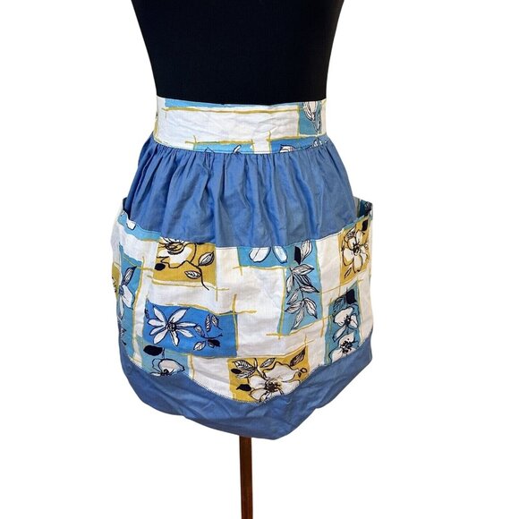 Blue Accessories - Womens Vintage Kitchen Apron Blue Yellow Floral Tie Back At Waist Cotton Retro